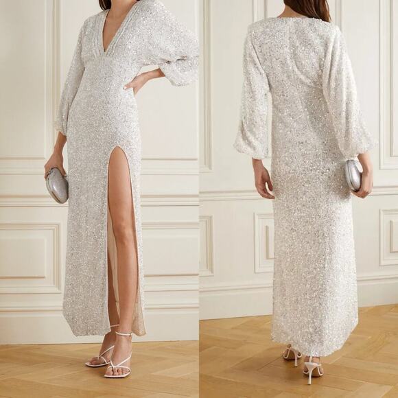 Retrofête White Sequin Maxi Dress XS NWT Bridal Wedding Reception Gown Slit - Picture 4 of 10